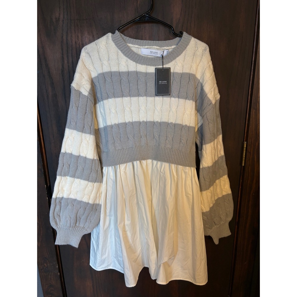 EB Luxe Los Angeles Striped Cable Knit M Sweater Mini Dress Medium